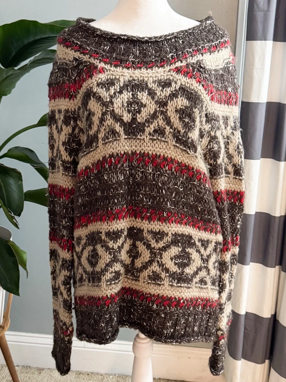 Free People Fair Isle Chunky Knit Sweater Medium Brown Red
